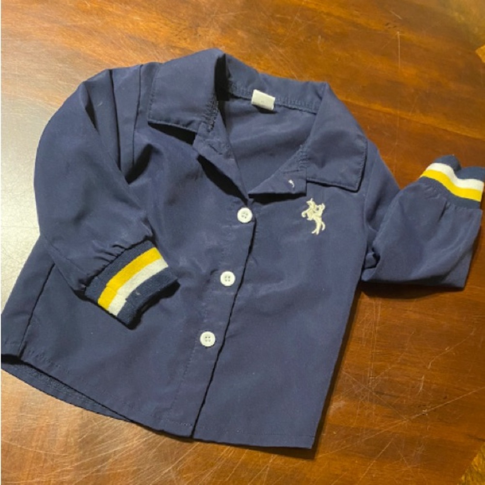 SHEIN Navy Button-Down Kids Jacket with Yellow & White Stripe Cuffs